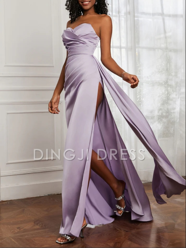 DingJiDress Evening Dress Sheath Strapless Sweetheart Pleated High Slit Dress Sweep Train High Quality Formal Dress