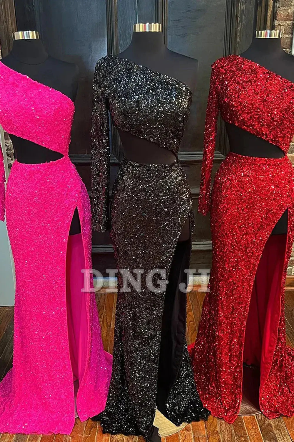 DingJiDress Evening Dress Sheath One Shoulder Long Sleeves Sequins Long Prom Dress Side Fork Unique Formal Women's Dresses Wedding Guest Dresses