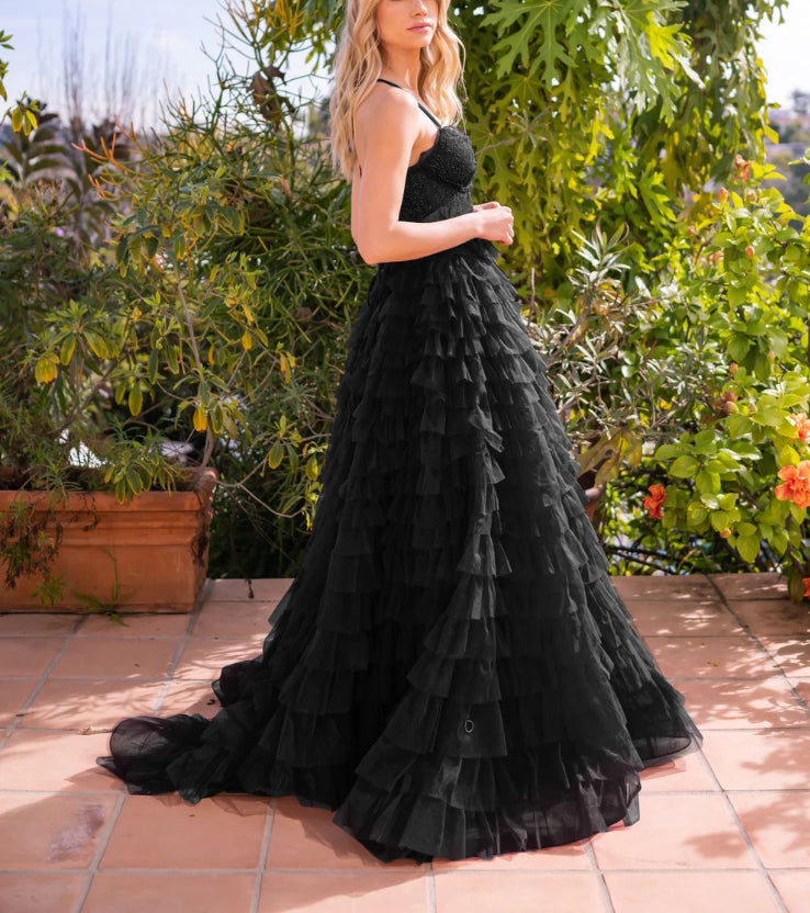 DingJiDress New Pattern Wedding Guest Dress A-line Tulle Skirt Bodice Embellished Same Tone Crystals Lace up Open Back Floor Length Layered Ruffles Side Leg Slit Sweep Train Black Formal Dress Evening Dress