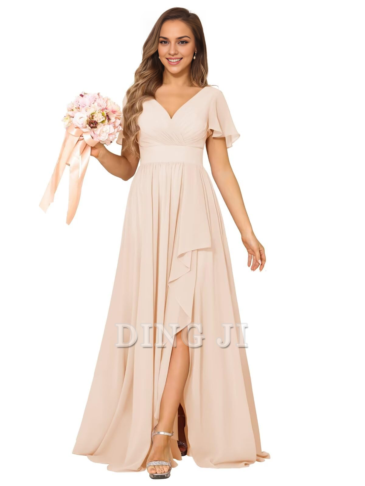DingJiDress Bridesmaid Dresses Elegant V Neck Chiffon Pleated Side Fork Exquisite Formal Wear Dresses
