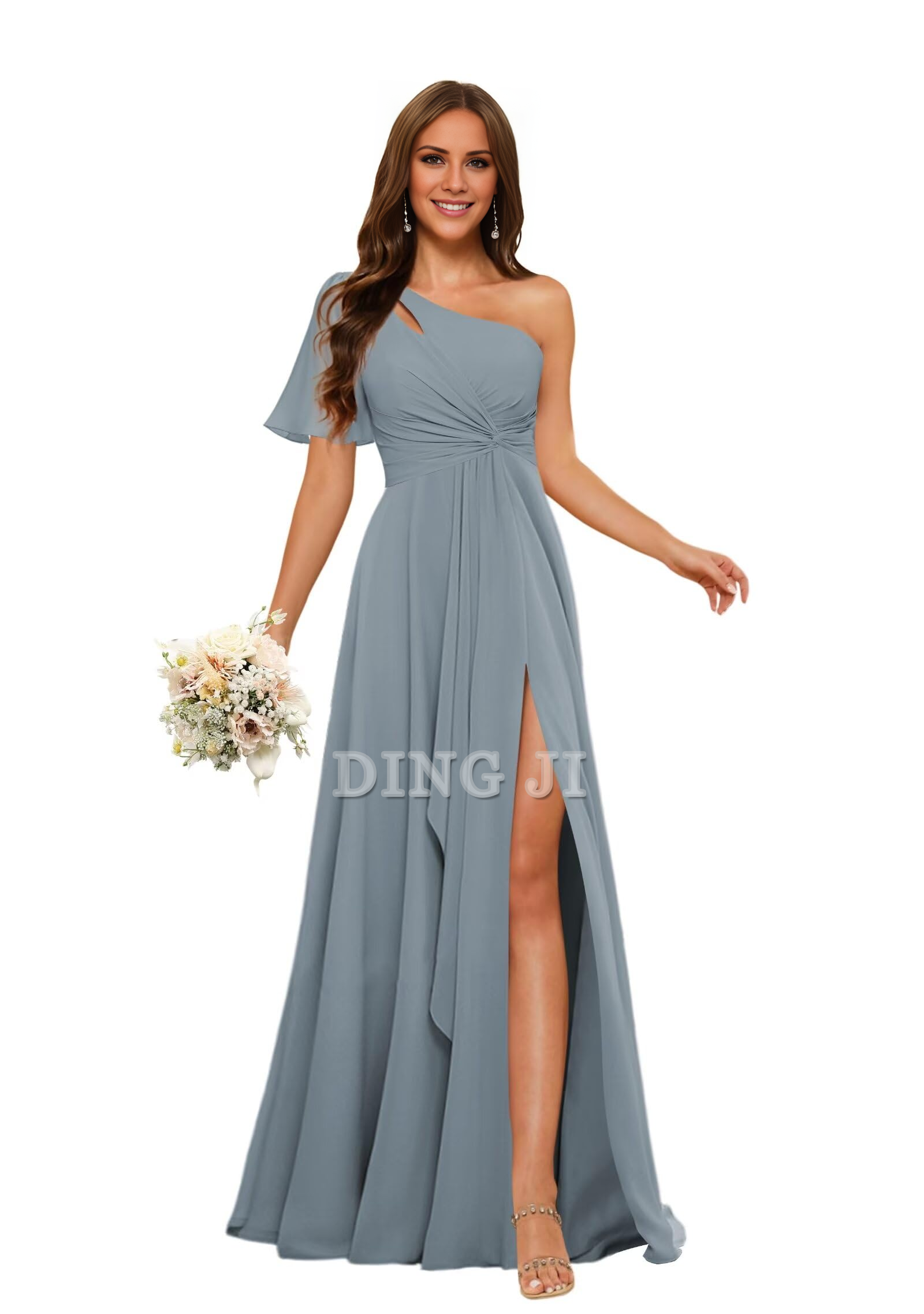 DingJiDress Bridesmaid Dresses Single Sleeve Short Sleeves Chiffon Side Fork Pleated Elegant Formal Wear Dresses