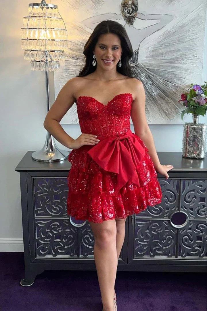 DingJiDress Strapless Red Sequin Ruffle Homecoming Dress with Bow Graduation Dresses