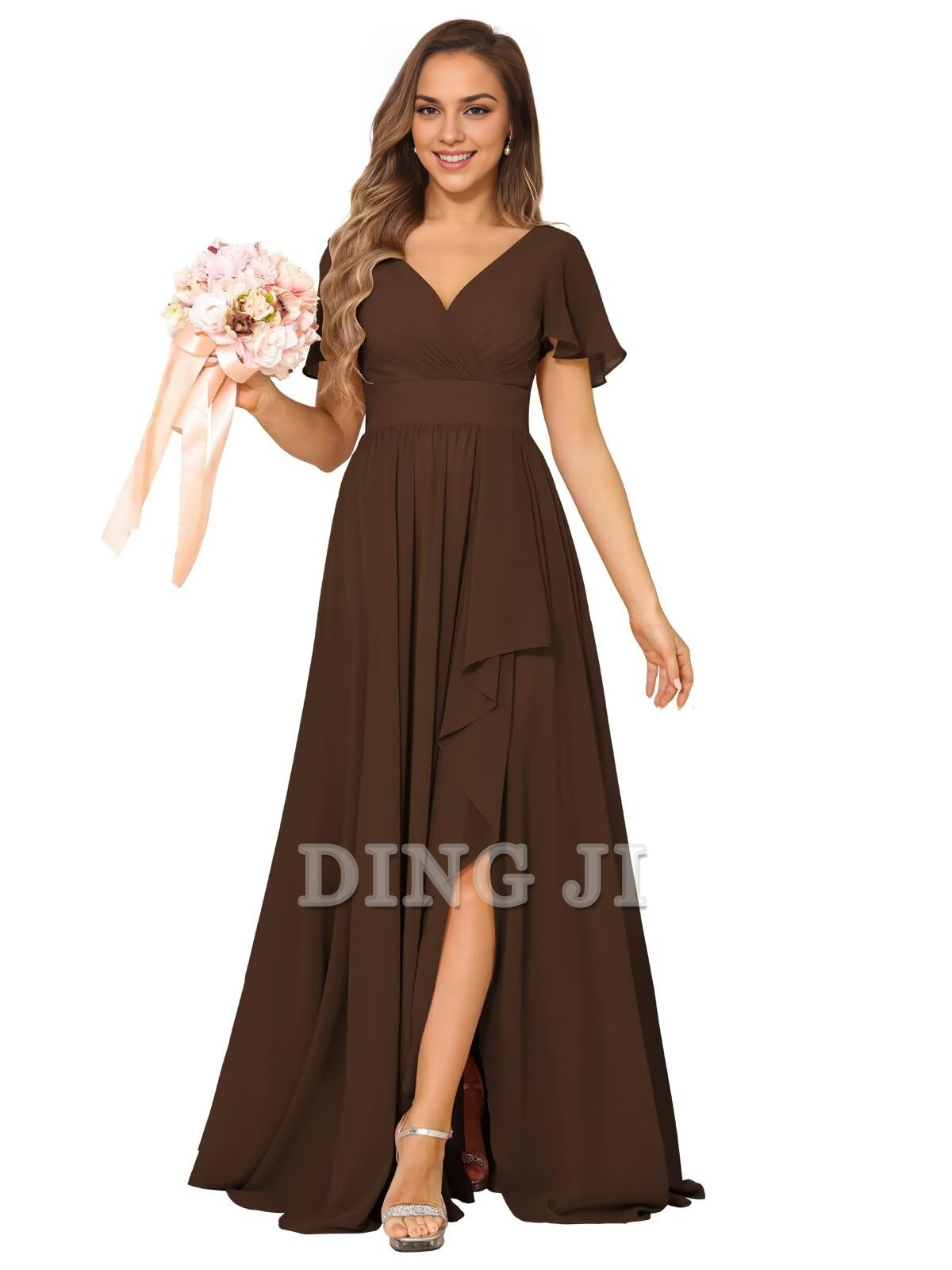 DingJiDress Bridesmaid Dresses Elegant V Neck Chiffon Pleated Side Fork Exquisite Formal Wear Dresses