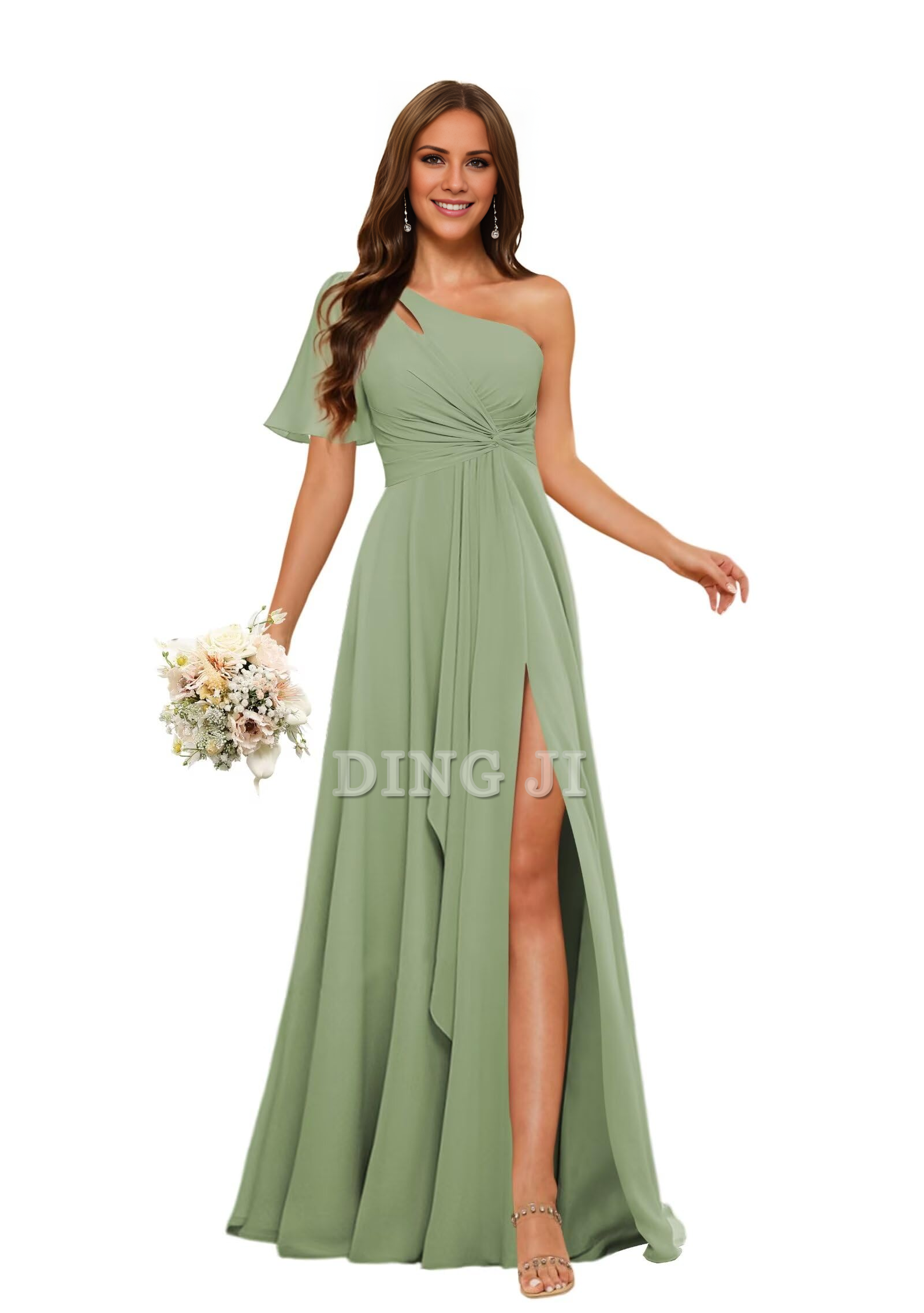 DingJiDress Bridesmaid Dresses Single Sleeve Short Sleeves Chiffon Side Fork Pleated Elegant Formal Wear Dresses