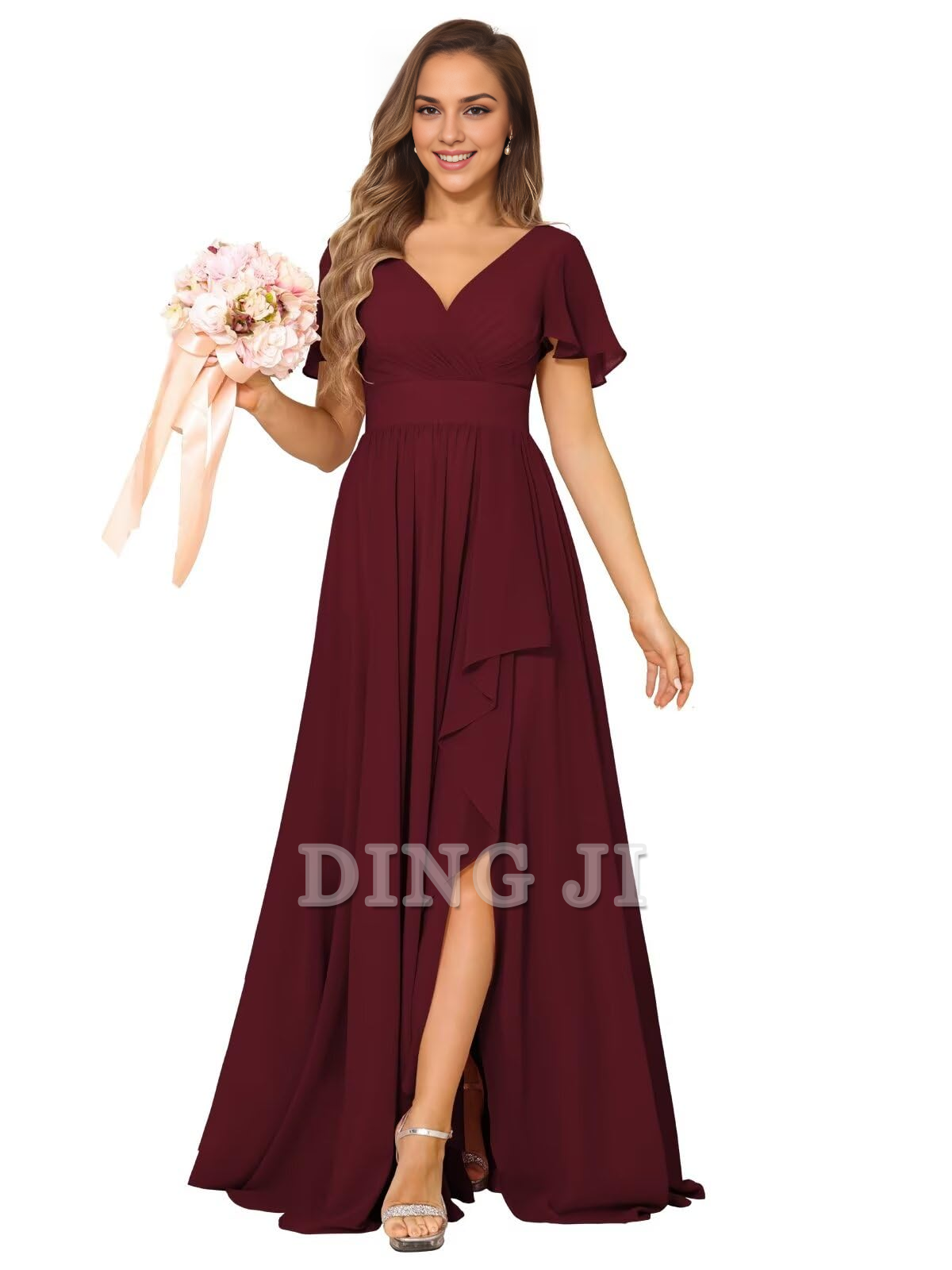 DingJiDress Bridesmaid Dresses Elegant V Neck Chiffon Pleated Side Fork Exquisite Formal Wear Dresses