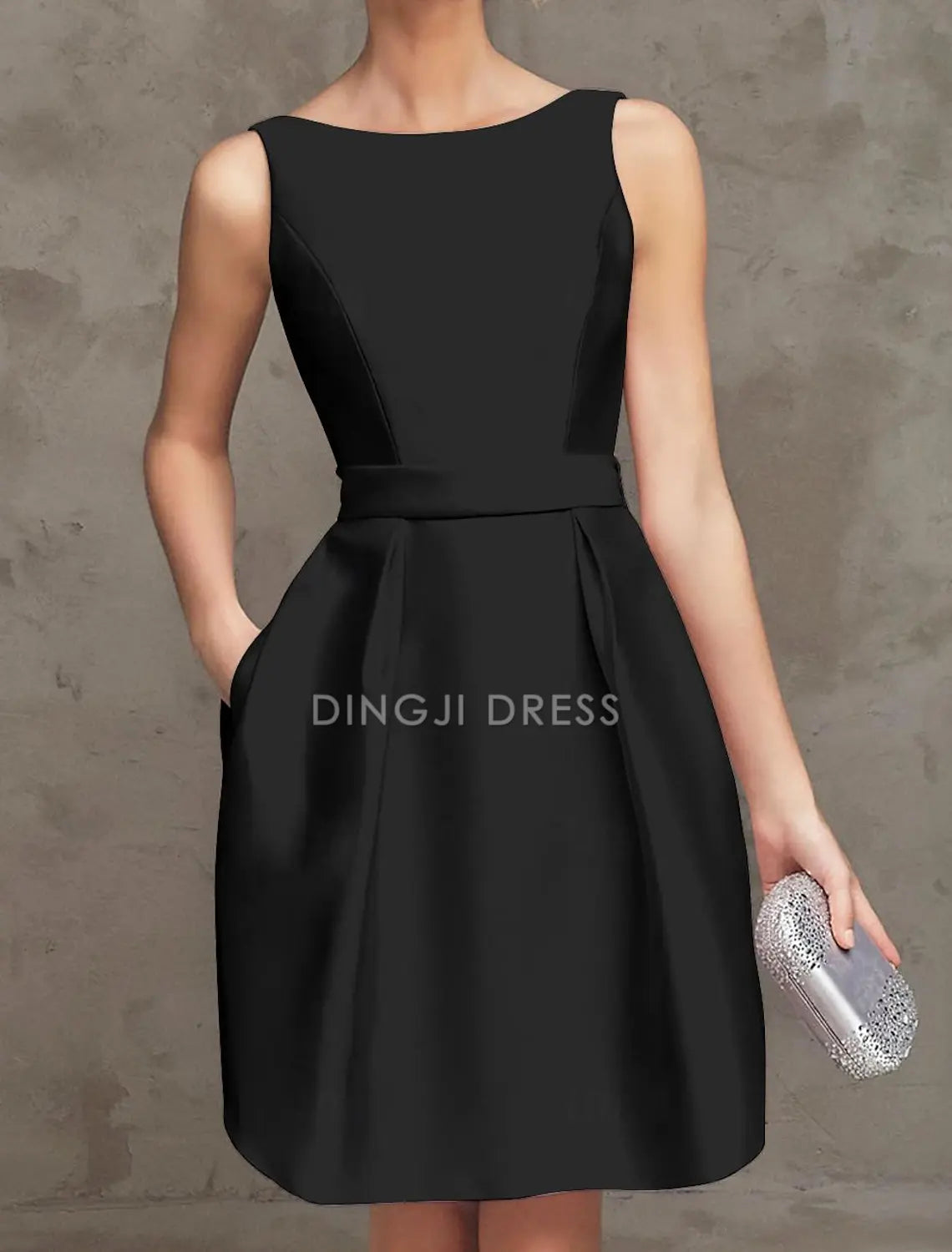 DingJiDress Hot Sale Short Prom Dress A-Line Boat Neck V Back Cocktail Dresses Party Dress Wedding Guest Graduation Sleeveless Satin with Pleats Simple New Homecoming Dress