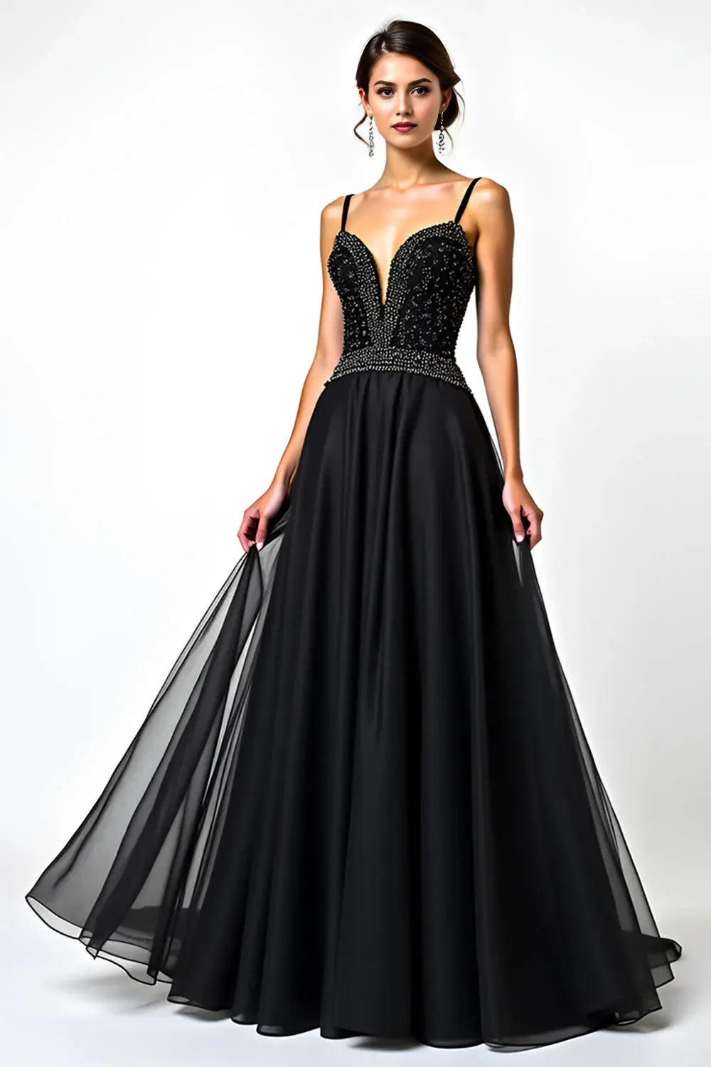 Gorgeous Black Tulle A Line Spaghetti Strap V-Neck Sleeveless Beaded Backless Long Formal Dress Hot Sale Evening Dress