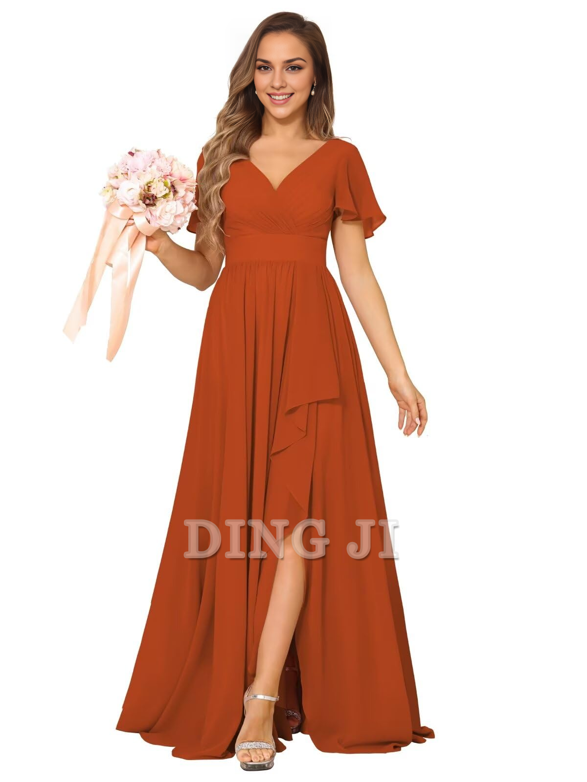 DingJiDress Bridesmaid Dresses Elegant V Neck Chiffon Pleated Side Fork Exquisite Formal Wear Dresses
