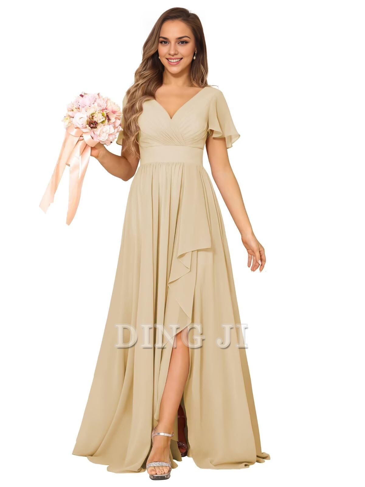 DingJiDress Bridesmaid Dresses Elegant V Neck Chiffon Pleated Side Fork Exquisite Formal Wear Dresses