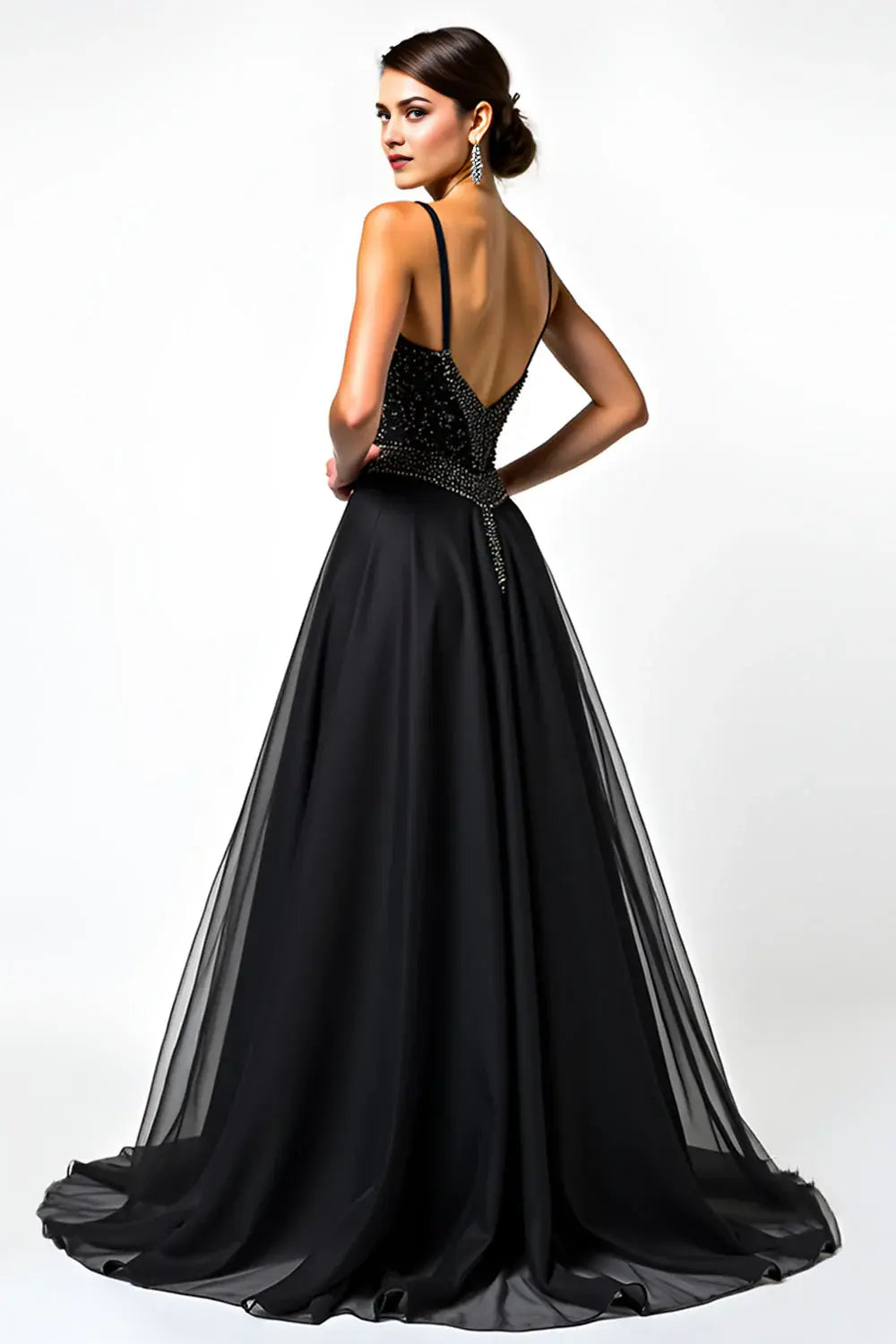 Gorgeous Black Tulle A Line Spaghetti Strap V-Neck Sleeveless Beaded Backless Long Formal Dress Hot Sale Evening Dress