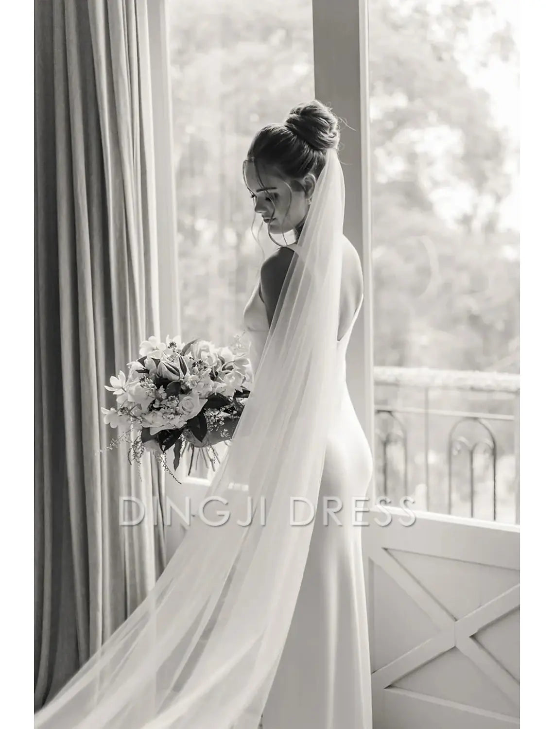 Ding Ji One-tier Formal Style Simple Classic Timeless Wedding Veil Chapel Veils Pure Color Tulle Fantastic Veil