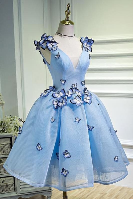 DingJiDress Short Prom Dress A Line V Neck Sleeveless Butterfly Flowers Exquisite Homecoming Dress
