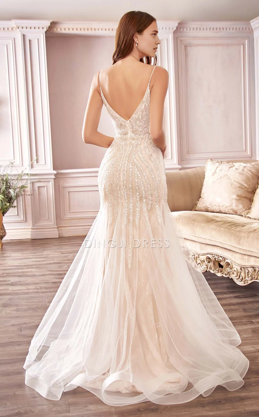 DingJiDress Hot Sale Wedding Dress Luxurious Mermaid Spaghetti Strap V Neck Backless Gorgeous Sparkle Formal Wear Dresses