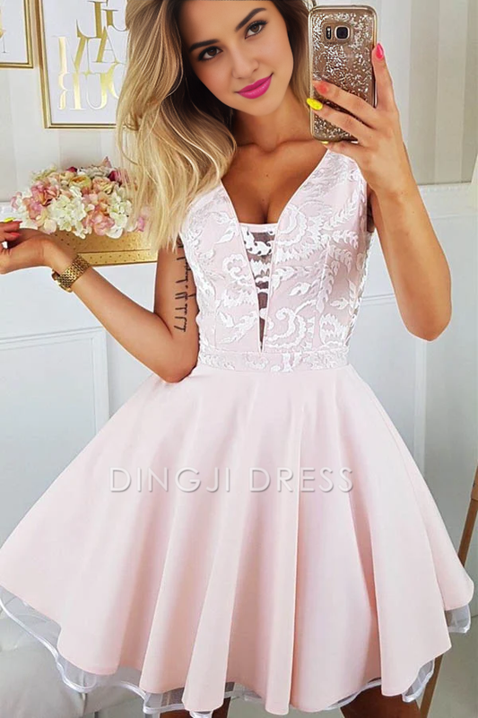 DingJiDress Short Prom Dress A-Line Deep V-Neck Sexy Appliques Sleeveless Junior Dresses Cute Best Selling Homecoming Dress