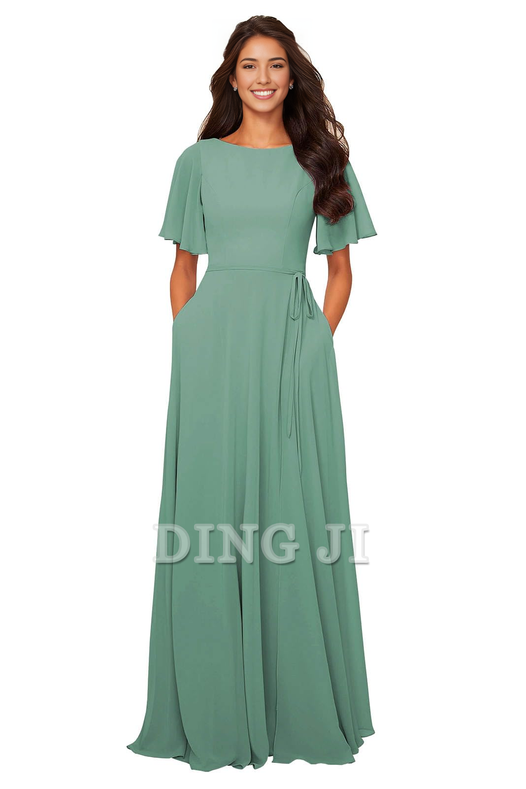 DingJiDress Bridesmaid Dresses Chiffon Modest A Line Bateau Neck Flutter Sleeve Elegant Formal Wear Dresses
