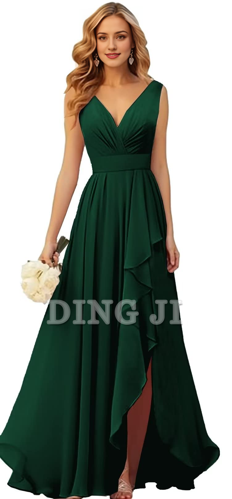 DingJiDress Bridesmaid Dresses Elegant V Neck Chiffon Side Fork Long Formal Wear Dresses