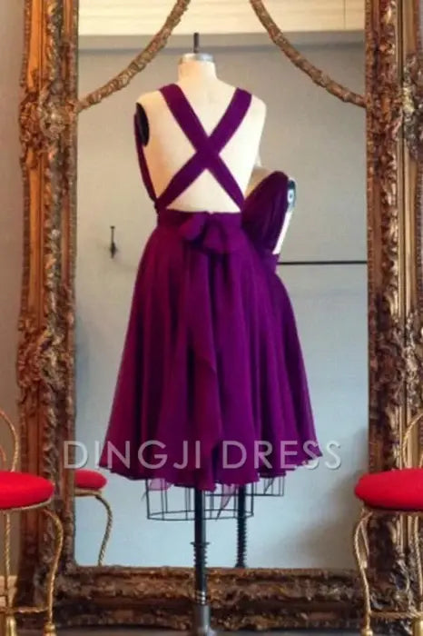 DingJiDress Short Prom Dress A Line V Neck Sleeveless Backless Chiffon Simple Knee Length Best Selling Homecoming Dress