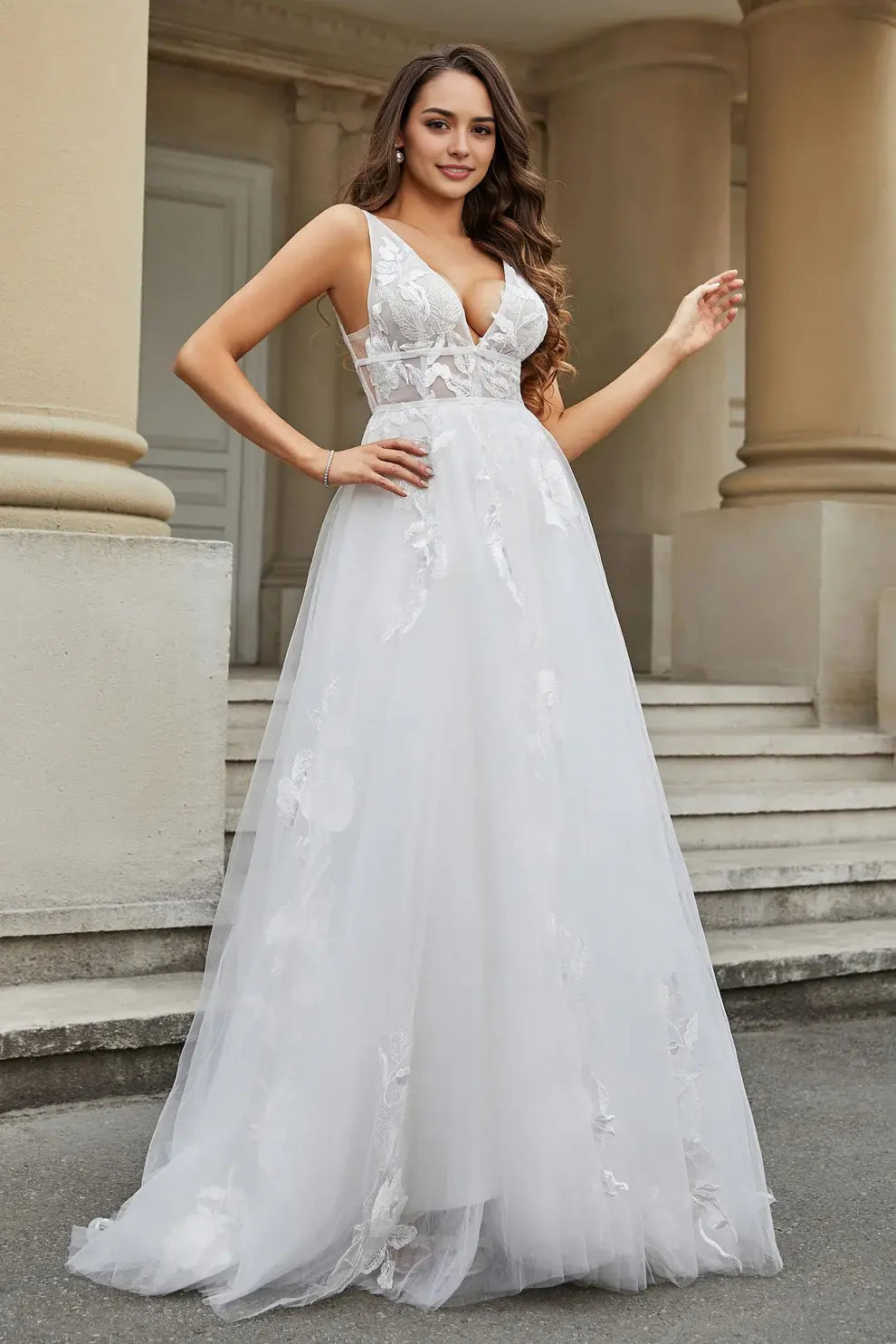 Elegant Tulle A Line Plunging V-neck Lace Applique Sleeveless Backless Affordable Hot Sale Wedding Dress