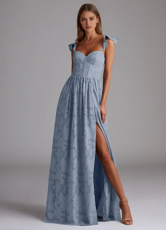 Blue Jacquard A Line Corset Sweetheart Neckline Lotus Leaf Edge Shoulder Strap Backless Leg Slit Affordable Formal Dress Retro Prom Dress