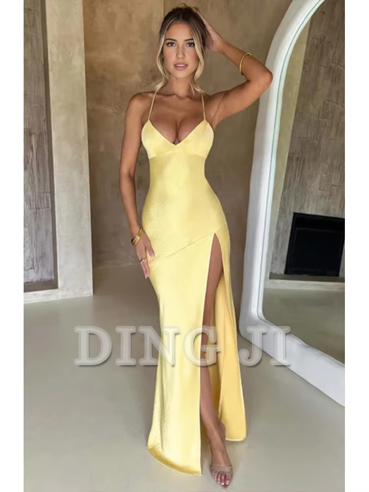 DingJiDress Evening Dress Bandage Backless Elegant Dress Side Fork Spaghetti Strap Slim Cocktail Party Club Fashion Satin Solid Lace-Up Long Dresses Formal Wear Dresses