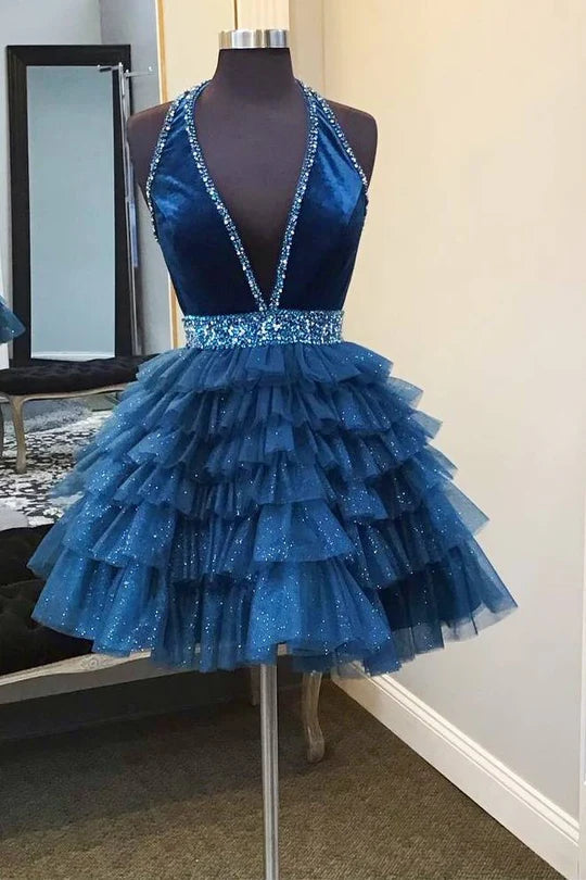 DingJiDress Homecoming Dress Blue Halter Multi-Layered Tulle Graduation Dresses