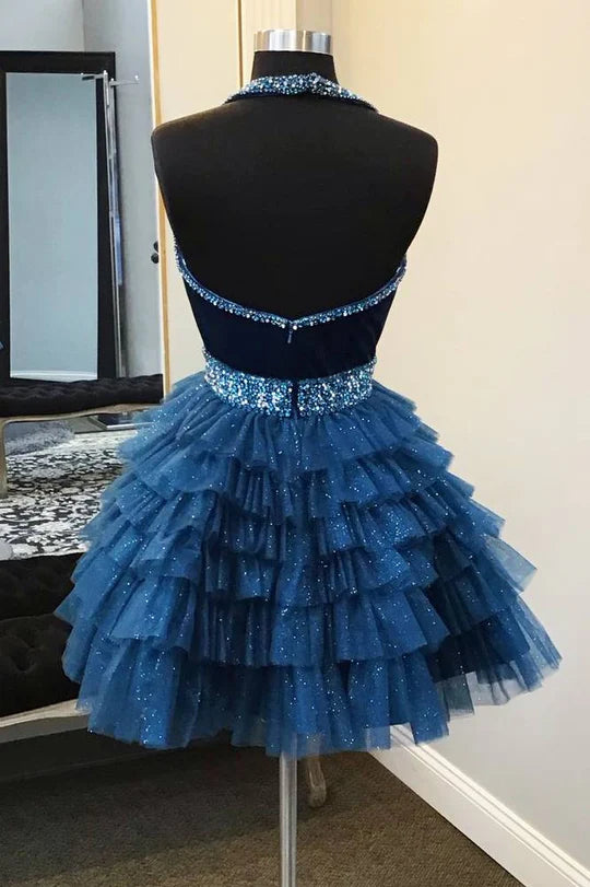 DingJiDress Homecoming Dress Blue Halter Multi-Layered Tulle Graduation Dresses