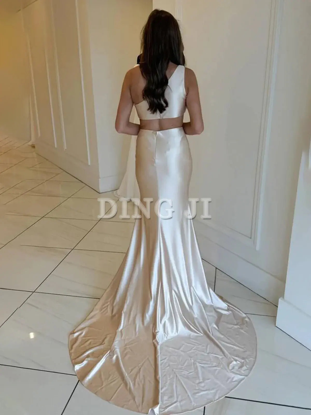 DingJiDress Elegant Evening Dress One-Shoulder Sleeveless Mermaid Cultivate oneself Sweep Train Prom Dress Show Waist Charming Formal Wear Dresses Wedding Guest Dresses