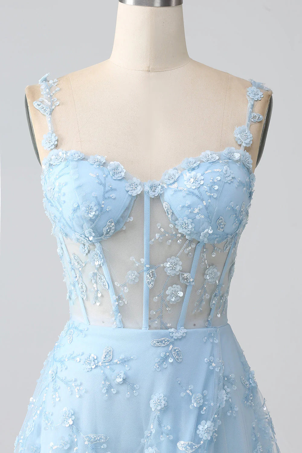 DingJiDress Sparkly Blue A Line Spaghetti Straps Sequin Corset Prom Dress With Slit