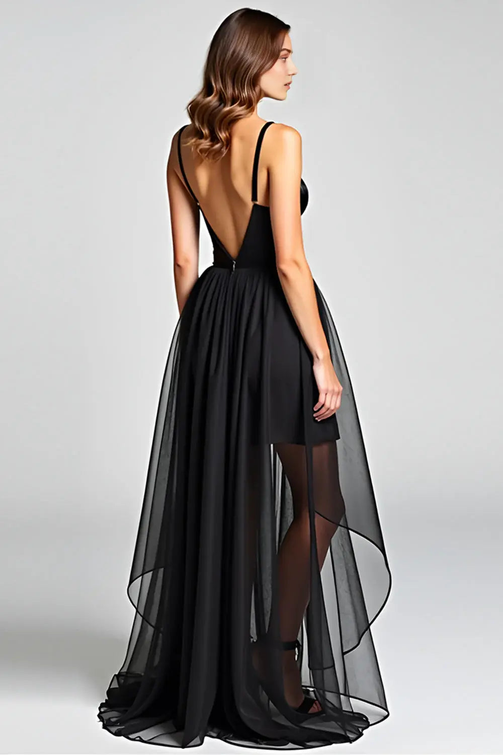 Fashion Black Satin Tulle A Line Spaghetti Strap V-Neck Sleeveless Backless Elegant Long Formal Dress Hot Sale Evening Dress
