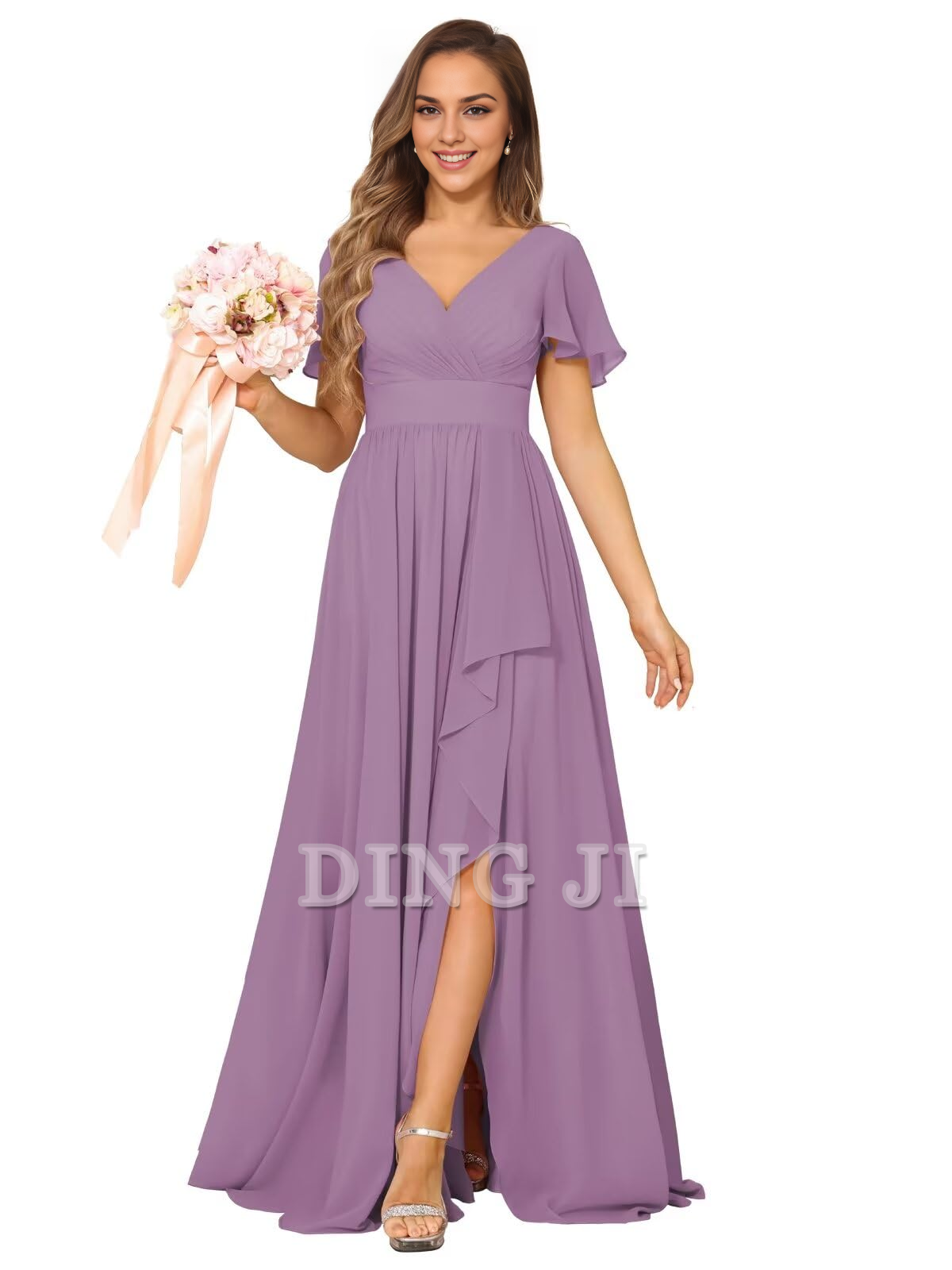 DingJiDress Bridesmaid Dresses Elegant V Neck Chiffon Pleated Side Fork Exquisite Formal Wear Dresses