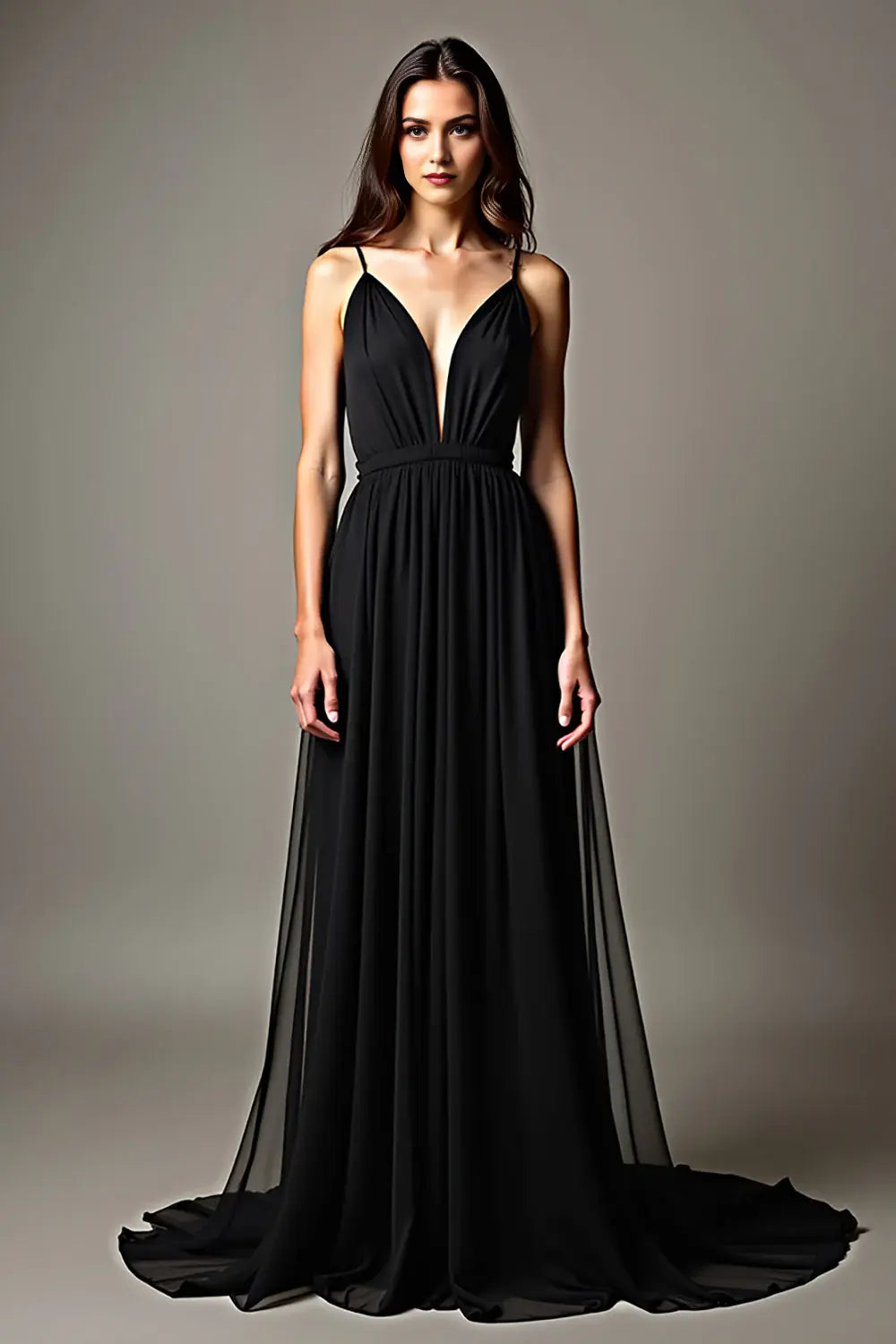Elegant Black Tulle A Line Spaghetti Strap Deep V-Neck Sleeveless Ruched Backless Long Formal Dress Hot Sale Evening Dress