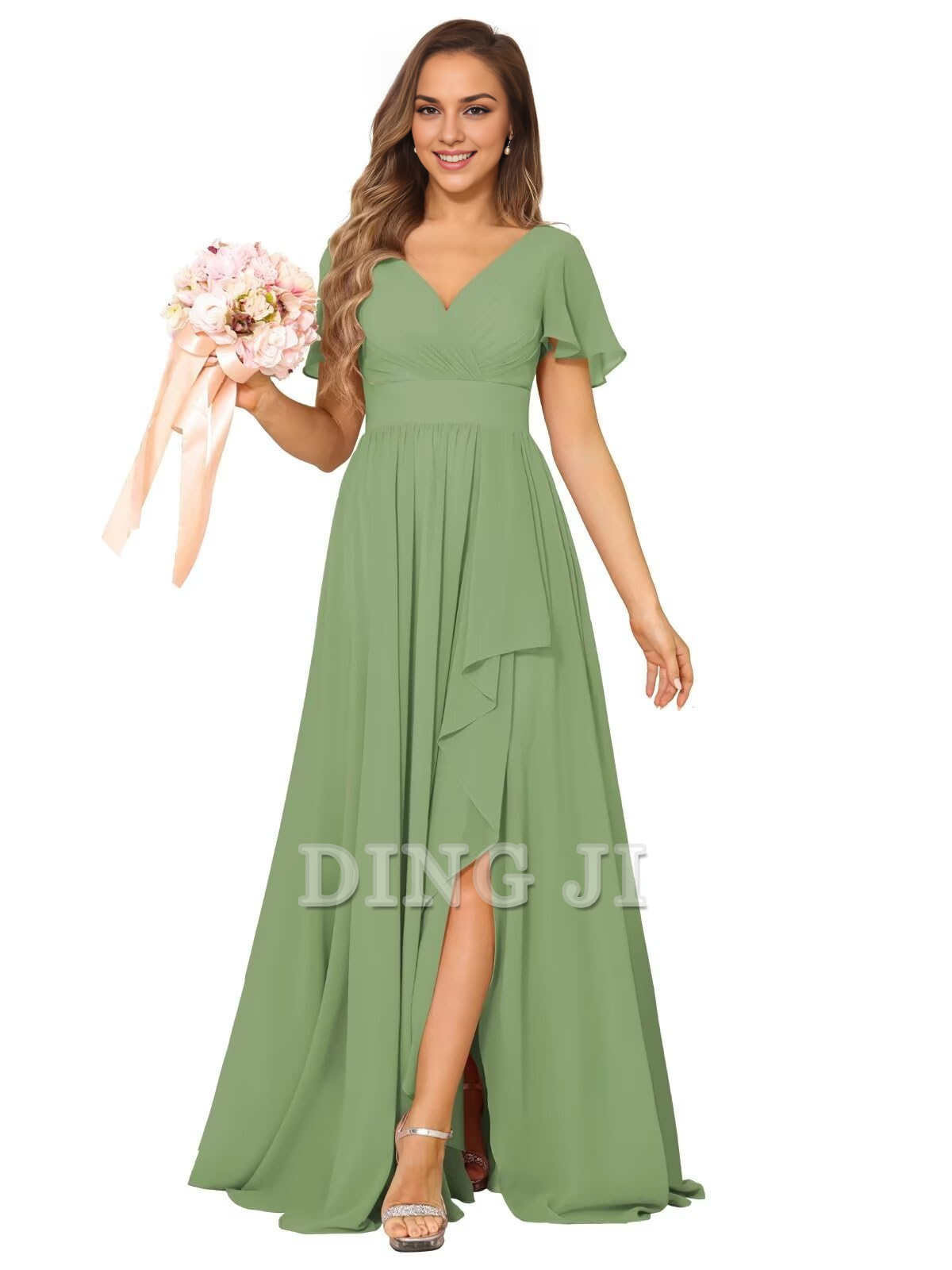 DingJiDress Bridesmaid Dresses Elegant V Neck Chiffon Pleated Side Fork Exquisite Formal Wear Dresses