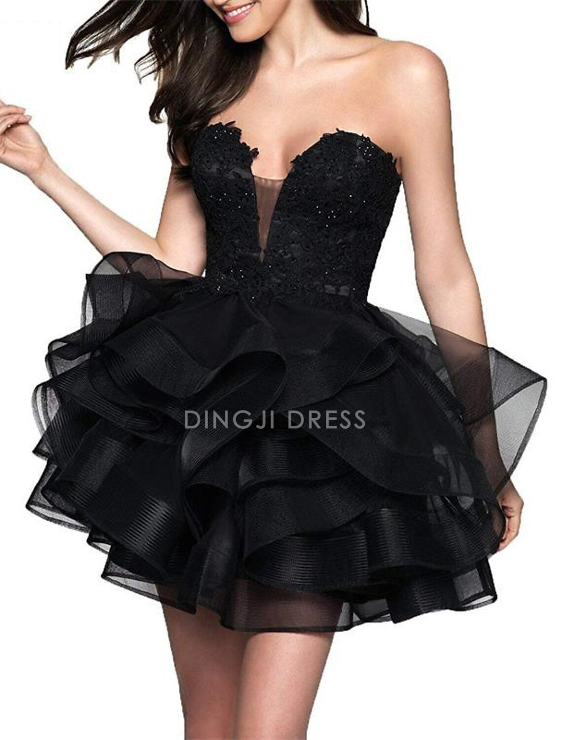 DingJiDress Hot Sale Short Prom Dress A-Line Sweetheart Cocktail Dresses Minimalist Dress Party Sleeveless Strapless Satin with Appliques Tiered New Homecoming Dress