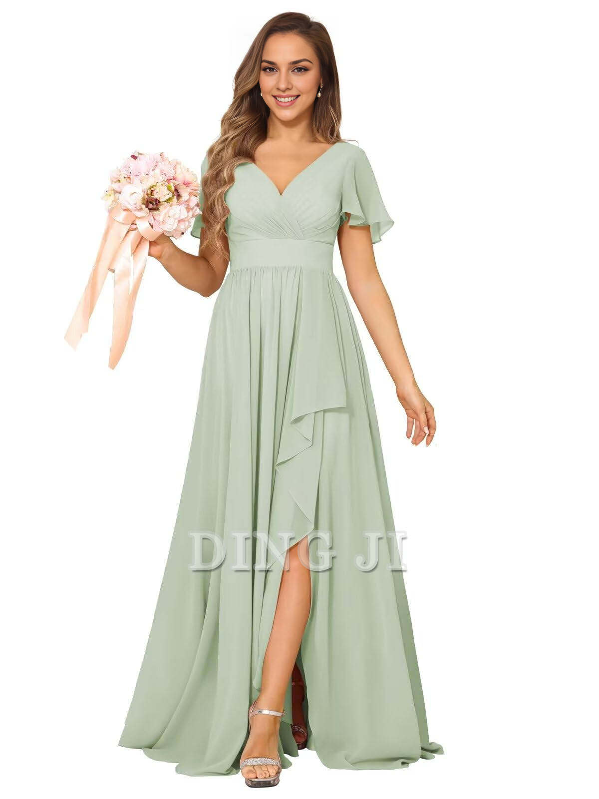 DingJiDress Bridesmaid Dresses Elegant V Neck Chiffon Pleated Side Fork Exquisite Formal Wear Dresses