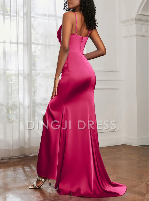 DingJiDress Evening Dress Mermaid Cowl Neck Spaghetti Straps Pleated Backless Side Fork Elegant Temperament Formal Dress