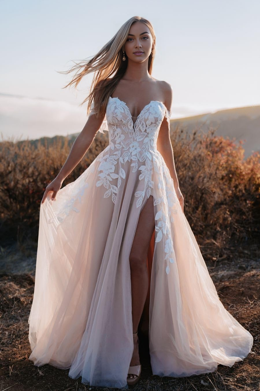 DingJiDress Wedding Dress Sexy V Neck Slit Lace Applique Bridal Backless Formal Women's Dresses
