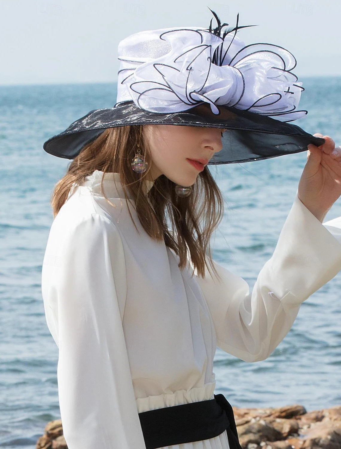 DingJiDress Fascinators Hats Silk Floppy Hat Sun Hat Wedding Tea Party Elegant Wedding With Feather Floral Headpiece Headwear Size:M