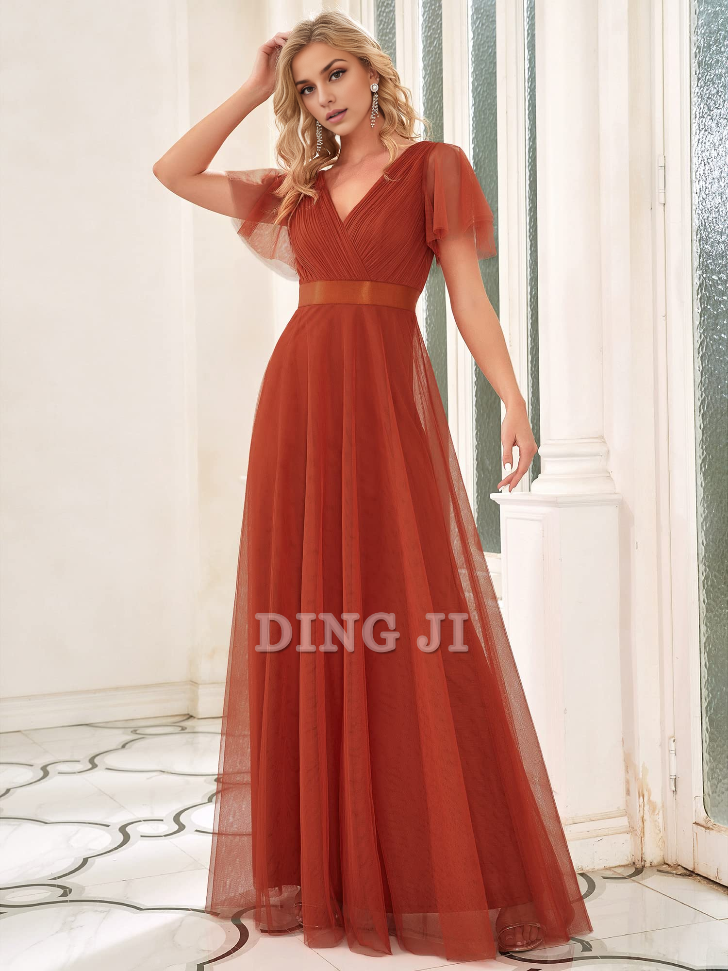 DingJiDress Bridesmaid Dresses Pleated V-Neck Empire Waist Front Wrap Romantic Tulle Elegant Formal Wear Dresses