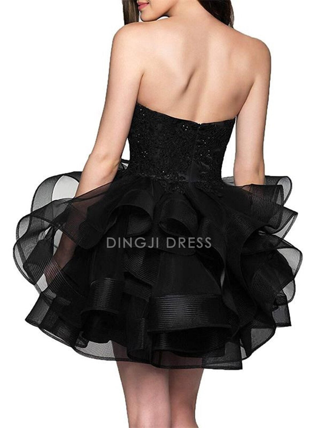 DingJiDress Hot Sale Short Prom Dress A-Line Sweetheart Cocktail Dresses Minimalist Dress Party Sleeveless Strapless Satin with Appliques Tiered New Homecoming Dress