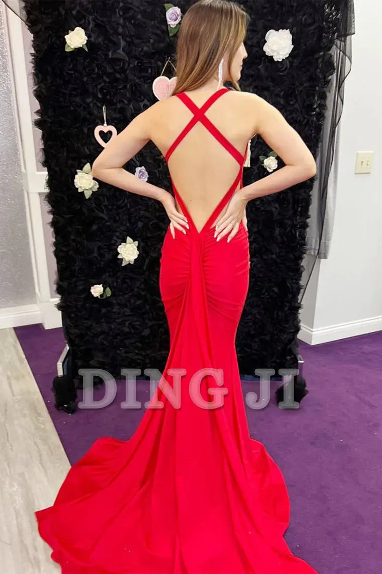 DingJiDress Evening Dress V Neck Mermaid Cultivate oneself Backless Satin Long Prom Dress Personality Formal Women's Dresses Wedding Guest Dresses