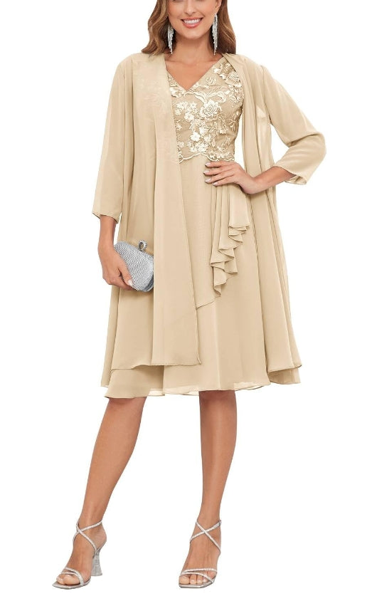 Mother of the Bride or Groom Dresses Two Pieces Knee Length Lace Chiffon Formal Dress Wedding Guests Dresses