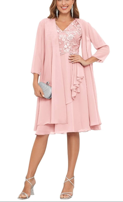 Mother of the Bride or Groom Dresses Two Pieces Knee Length Lace Chiffon Formal Dress Wedding Guests Dresses