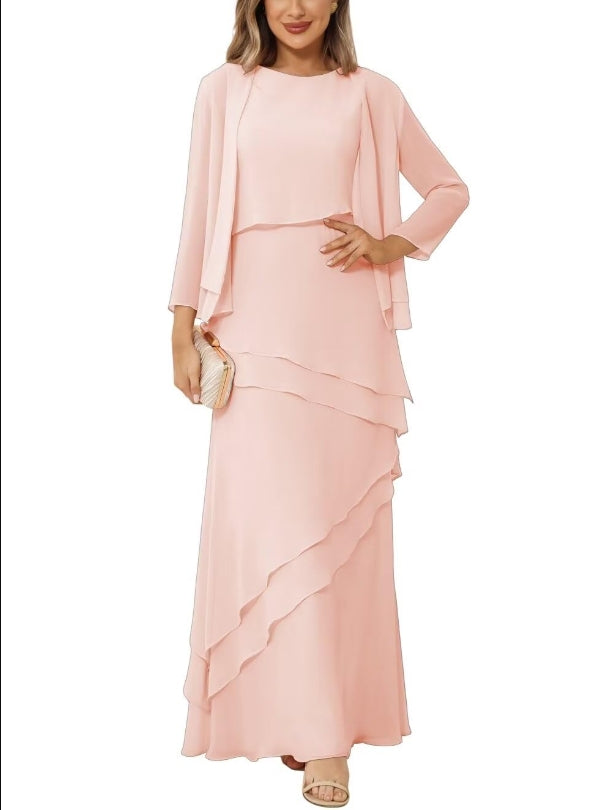 Mother of the Bride or Groom Dresses Chiffon Long Sleeve Jacket Long Formal Dress Ruffles Wedding Guests Dresses