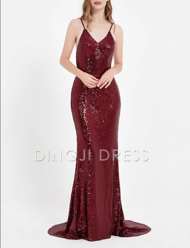 DingJiDress Evening Dress Charming Mermaid V Neck Spaghetti Straps Backless Lace up Bodycon Sequin Dress Sweep Train Sparkle Formal Dress