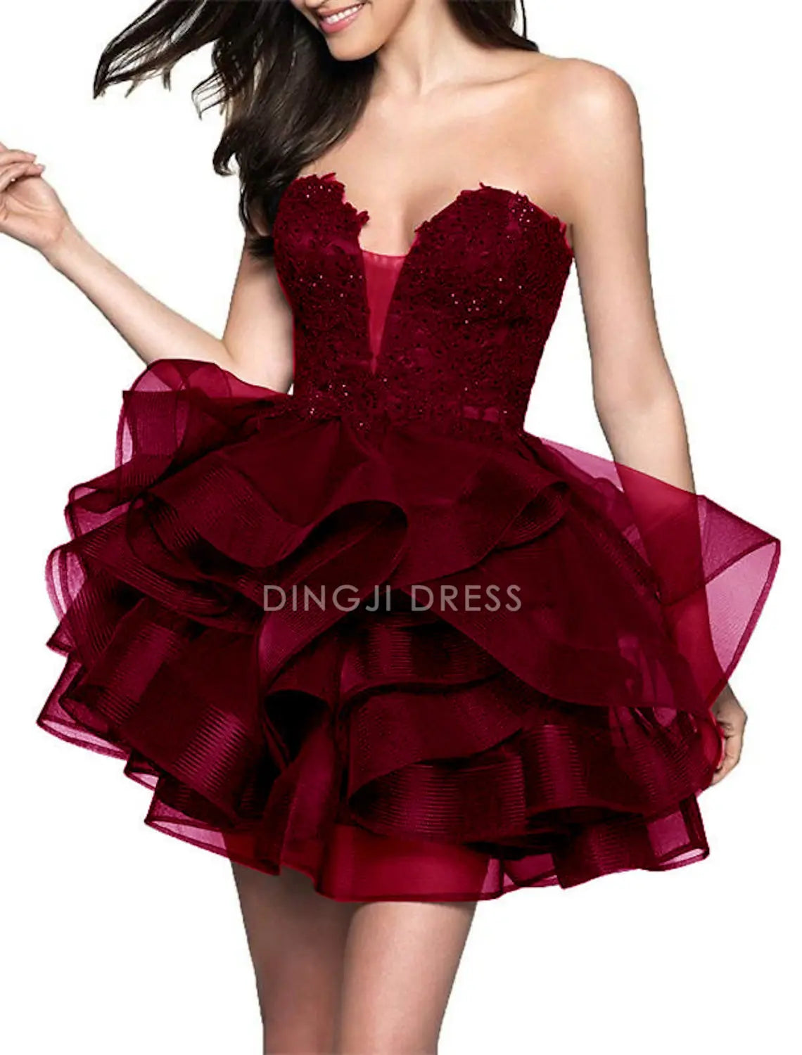 DingJiDress Hot Sale Short Prom Dress A-Line Sweetheart Cocktail Dresses Minimalist Dress Party Sleeveless Strapless Satin with Appliques Tiered New Homecoming Dress