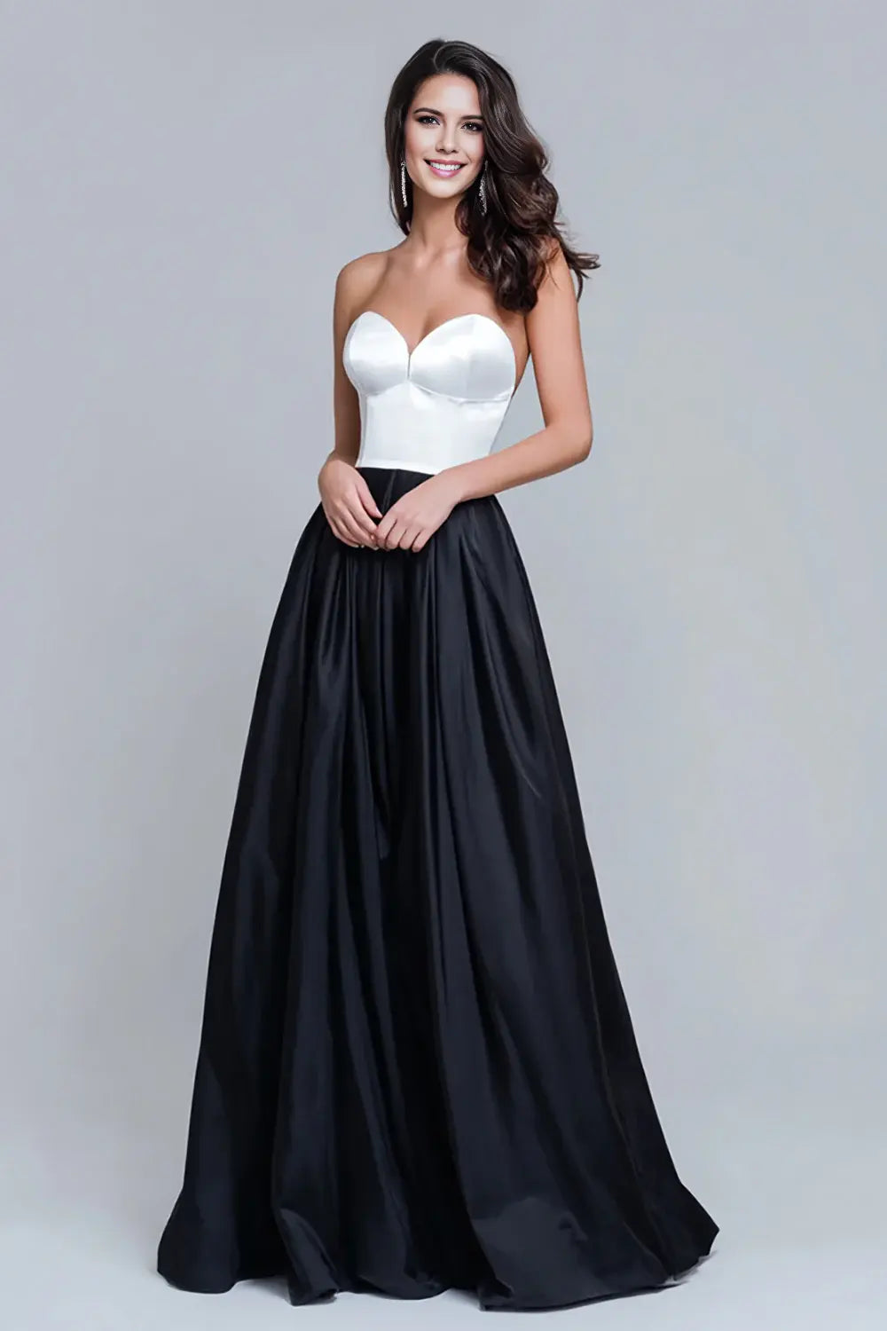 Elegant Black White Satin A Line Strapless Sweetheart Neckline Sleeveless Long Formal Dress Hot Sale Evening Dress