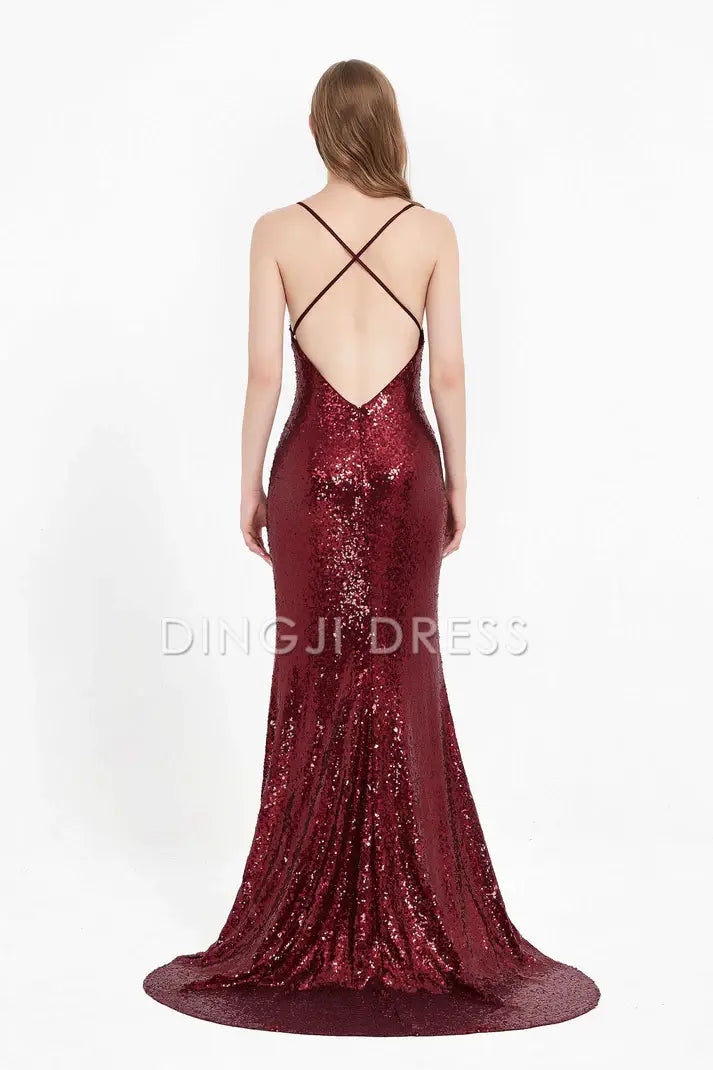 DingJiDress Evening Dress Charming Mermaid V Neck Spaghetti Straps Backless Lace up Bodycon Sequin Dress Sweep Train Sparkle Formal Dress