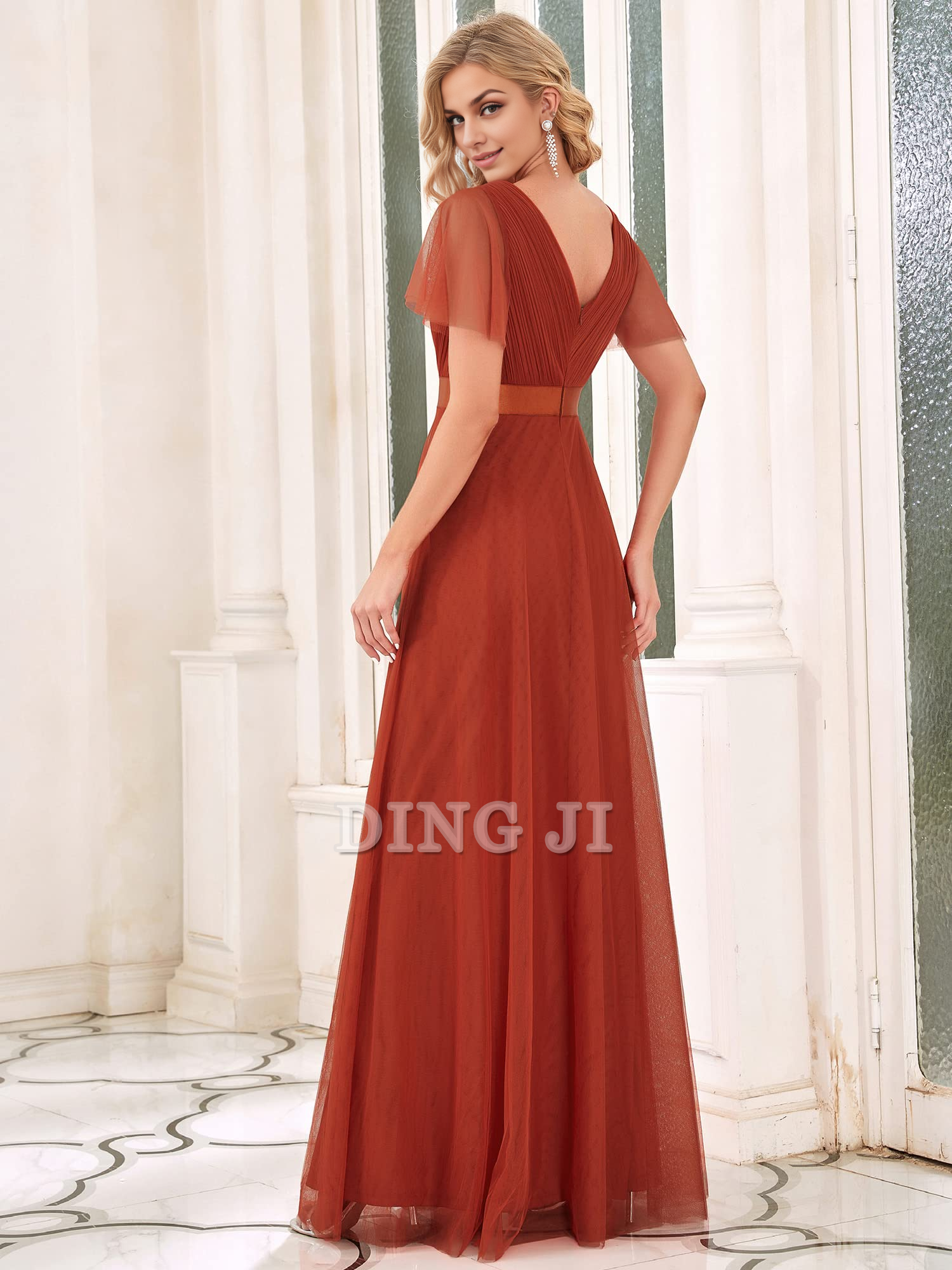 DingJiDress Bridesmaid Dresses Pleated V-Neck Empire Waist Front Wrap Romantic Tulle Elegant Formal Wear Dresses