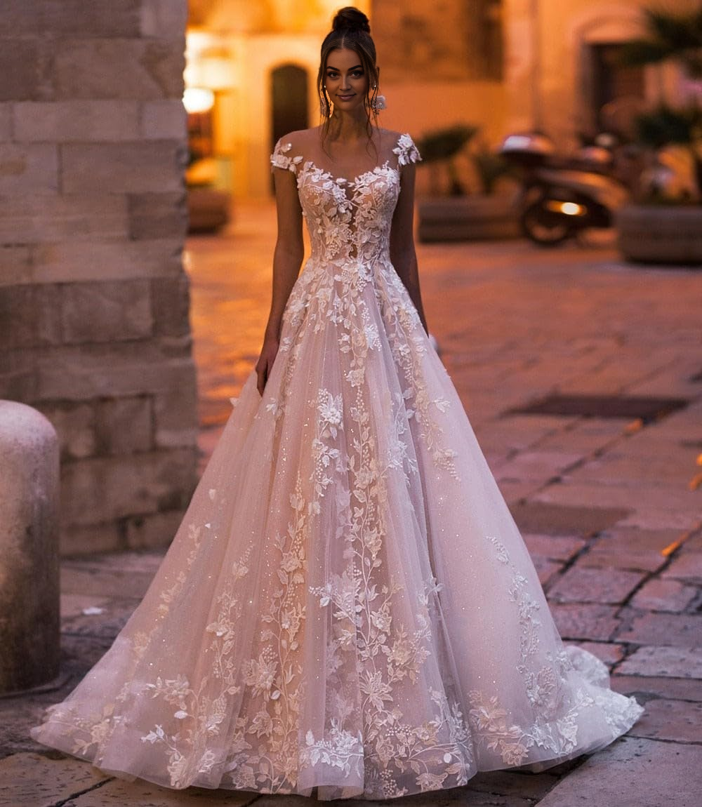 DingJiDress Wedding Dress A-Line V Back Sexy Elegant Glitter Lace Applique Floor Length Long Bridal Gown for Bride Formal Women's Dresses