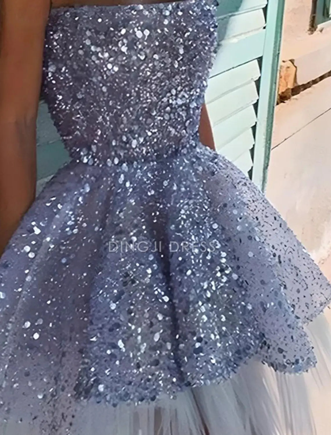 DingJiDress Hot Sale Short Prom Dress A-Line Sequin Holiday Graduation Sleeveless Strapless Tulle Sparkle Fashion New Homecoming Dress